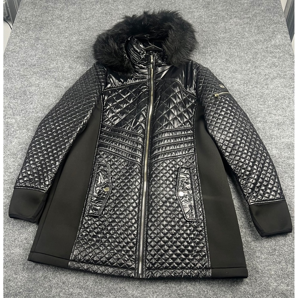 Michael Kors Womens XL Black Quilted Puffer Coat Faux Fur Hood Mixed Media Gold